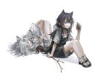  2girls animal_ears arknights beetle black_footwear black_hair black_overalls black_ribbon bow bug closed_eyes dress eyebrows_visible_through_hair grey_hair hair_bow hair_ornament hairclip highres holding holding_stick knees_up lappland_(arknights) liangban_xiexu lying multiple_girls neck_ribbon overalls ponytail red_ribbon ribbon shirt simple_background socks stick tail tail_grab texas_(arknights) white_background white_bow white_dress white_legwear white_shirt wolf_ears wolf_girl wolf_tail yellow_eyes younger 