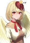  1girl animal animal_on_head bangs bird bird_on_head blonde_hair blush breasts chick dress eyebrows_visible_through_hair feathered_wings highres light_smile looking_at_viewer medium_breasts multicolored_hair niwatari_kutaka on_head puffy_short_sleeves puffy_sleeves red_eyes red_ribbon redhead ribbon seina_akitani shirt short_hair short_sleeves solo touhou two-tone_hair upper_body white_background white_shirt wings yellow_wings 