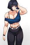 abs absurdres belt black_hair blue_eyes breasts choker cromwellb highres hololive hololive_english large_breasts muscular muscular_female ouro_kronii spaghetti_strap toned virtual_youtuber 