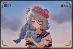  1girl absurdres animal_ears arknights battery_indicator bear_ears blue_eyes blue_hair blue_sky braid clouds dated flower graykn hair_ornament hands_up happy_birthday head_wreath highres holding holding_stuffed_toy istina_(arknights) long_hair looking_at_viewer monocle outdoors red_flower shirt sky solo star_(symbol) star_hair_ornament stuffed_animal stuffed_toy teddy_bear upper_body viewfinder white_shirt 