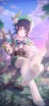  1boy black_hair blue_eyes braid cape clouds cloudy_sky collared_cape crossed_legs feet flower foot_focus frilled_sleeves frills genshin_impact gradient_hair grass green_cape green_headwear green_shorts highres icecake long_sleeves looking_at_viewer lyre multicolored_hair no_shoes shoes shoes_removed short_hair_with_long_locks shorts sitting sky soles solo toes venti_(genshin_impact) white_legwear 