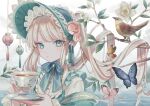  1girl bangs bird blonde_hair blue_eyes blue_headwear branch bug butterfly buttons closed_eyes commentary_request cup face flower hair_flower hair_ornament holding holding_cup holding_saucer lamp leaf long_hair long_sleeves looking_at_viewer original saucer shirt solo tassel tea tsurime upper_body white_shirt zoff_(daria) 