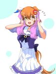  +_+ 1girl :d animal_ears bangs blush breasts daruma_doll drying drying_hair ears_down hands_up highres horse_ears horse_girl horse_tail looking_at_viewer matikanefukukitaru_(umamusume) nerukichikatafukuma notice_lines open_mouth orange_hair puffy_short_sleeves puffy_sleeves purple_shirt sailor_collar school_uniform shirt short_hair short_sleeves skirt small_breasts smile solo tail tracen_school_uniform umamusume upper_body white_skirt yellow_eyes 