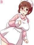  1girl alternate_costume apron artist_logo bespectacled breasts brown_eyes brown_hair commentary_request cowboy_shot dated dress glasses hairband hat kanon_(kurogane_knights) kantai_collection large_breasts looking_at_viewer natori_(kancolle) nurse nurse_cap one-hour_drawing_challenge pink_dress red-framed_eyewear semi-rimless_eyewear short_hair simple_background solo under-rim_eyewear white_apron white_background 