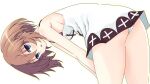  1girl ass bare_shoulders bent_over blanc_(neptune_series) blue_eyes blush breasts brown_hair commentary_request dress iwashi_dorobou_-r- looking_at_viewer neptune_(series) open_mouth panties short_hair small_breasts solo underwear white_dress white_panties 