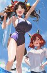  2girls absurdres animal_ears bare_arms bare_legs bare_shoulders black_hair black_swimsuit blush breasts brown_eyes closed_eyes day fang feipin_zhanshi hands_on_hips highres horse_ears horse_girl horse_tail large_breasts long_hair marvelous_sunday_(umamusume) medium_hair multiple_girls nice_nature_(umamusume) one-piece_swimsuit open_mouth redhead shirt short_sleeves smile swimsuit tail twintails two_side_up umamusume white_shirt 
