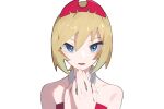  1girl aoi_(altea0923) bangs blonde_hair blue_eyes collar collarbone commentary hair_between_eyes hairband hands_up irida_(pokemon) looking_at_viewer lower_teeth open_mouth own_hands_together pokemon pokemon_(game) pokemon_legends:_arceus red_hairband red_shirt shirt short_hair simple_background strapless strapless_shirt teeth tongue upper_body white_background 