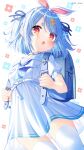  1girl :o backpack bag bangs blue_hair carrot_hair_ornament cowboy_shot eyebrows_visible_through_hair food-themed_hair_ornament hair_ornament hair_ribbon highres hololive ikari_(aor3507) looking_at_viewer puffy_short_sleeves puffy_sleeves red_eyes ribbon shirt short_hair short_sleeves skirt solo standing thigh-highs usada_pekora virtual_youtuber white_shirt white_skirt 