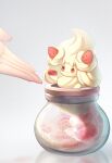  1other :d alcremie alcremie_(strawberry_sweet) commentary_request copyright_name food fruit happy highres holding jar naoki_eguchi open_mouth outstretched_hand pokemon pokemon_(creature) red_eyes smile strawberry 