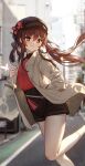  1girl absurdres black_shorts brown_hair floating_hair flower flower-shaped_pupils genshin_impact hat hat_flower highres hu_tao_(genshin_impact) jacket long_sleeves open_clothes open_jacket outdoors parted_lips red_eyes red_shirt road shirt shorts solo starsd street symbol-shaped_pupils twintails 