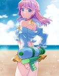  1girl bangs beach bikini blue_bikini blue_eyes blue_sky braid breasts clouds commentary_request cowboy_shot day expressionless eyebrows_visible_through_hair french_braid highres hohohoi holding holding_water_gun horizon long_hair long_sleeves looking_at_viewer looking_back medium_breasts off_shoulder open_mouth outdoors pink_hair ragnarok_online ragnarok_origin sky solo sunlight swimsuit water water_gun 