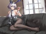  1girl absurdres animal_ears arm_support azur_lane bangs bare_shoulders black_gloves black_legwear black_leotard blue_eyes boost404 bow bowtie breasts closed_mouth couch cup eyebrows_visible_through_hair fake_animal_ears full_body gloves grey_hair highres holding holding_cup leotard lips long_hair looking_at_viewer medium_breasts no_shoes official_alternate_costume pantyhose playboy_bunny rabbit_ears reno_(azur_lane) reno_(reno_bunnino)_(azur_lane) simple_background single_glove sitting smile solo thighs white_bow white_bowtie window 