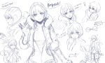  ! 1girl ^_^ apex_legends bangs bodysuit closed_eyes eyebrows_visible_through_hair finger_to_mouth french_text greyscale head_tilt highres holding holding_stuffed_toy hood hooded_jacket jacket lightning_bolt_symbol monochrome multiple_views open_hand own_hands_together ribbed_sweater satou_kouri shushing sketch speech_bubble stuffed_toy sweater translation_request wattson_(apex_legends) waving white_background 