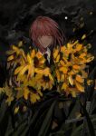  1girl absurdres artist_name black_necktie black_suit chainsaw_man clouds dowan_n flower formal grass grassy highres holding holding_flower long_hair looking_down makima_(chainsaw_man) moon necktie night redhead ringed_eyes solo suit sunflower yellow_eyes yellow_flower 