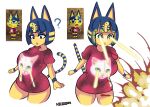  1girl ? absurdres animal_crossing animal_ears animal_print ankha_(animal_crossing) bangs blue_hair blunt_bangs bob_cut breasts cat_ears cat_print cat_tail contrapposto cropped_legs destruction eye_beam eyebrows_behind_hair highres large_breasts laser looking_ahead looking_down multiple_views nicecream sanpaku shirt short_hair short_sleeves t-shirt tail thick_thighs thighs triangle_mouth 