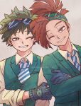  2boys absurdres bangs blue_gloves boku_no_hero_academia brown_hair collared_shirt commentary_request crossed_arms eyebrows_visible_through_hair formal freckles gloves goggles goggles_on_head green_eyes green_hair green_suit green_vest highres long_sleeves looking_at_viewer male_focus mamepan114 midoriya_izuku multiple_boys necktie one_eye_closed open_mouth red_eyes redhead rody_soul shirt short_hair simple_background smile spiky_hair striped_necktie suit teeth vest white_shirt 