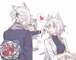 ! 1boy 2girls :d afterimage animal_ear_fluff animal_ears arknights arm_behind_back bangs black_jacket black_shirt blue_eyes bouquet braid breasts character_request commentary_request crop_top eyebrows_visible_through_hair fang flower grey_hair hair_between_eyes heart holding holding_flower jacket kaleka lappland_(arknights) long_hair long_sleeves medium_breasts multiple_girls open_clothes open_jacket red_flower shirt simple_background smile spoken_heart tail tail_wagging upper_body very_long_hair white_background white_jacket