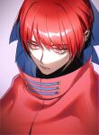 1girl blue_bow bow cloak closed_mouth expressionless eyebrows_visible_through_hair from_above gradient gradient_background grey_background hair_bow heshiko_disco highres looking_ahead red_cloak red_eyes redhead sekibanki short_hair simple_background solo touhou 