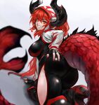  1girl absurdres all_fours ass bangs black_gloves blush bodysuit braid breasts commission fingerless_gloves gloves grin high_heels highres hood horns long_hair looking_at_viewer original red_eyes red_nails redhead smile solo sterben tail 