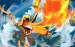  af_(afloatisland) breathing_fire charizard claws commentary_request fangs fire flying no_humans open_mouth pokemon pokemon_(creature) solo tongue 