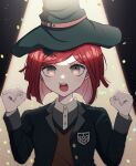  1girl artist_name bangs black_jacket brown_eyes brown_vest collared_shirt confetti danganronpa_(series) danganronpa_v3:_killing_harmony dress_shirt green_headwear grey_shirt hair_ornament hat jacket long_sleeves looking_at_viewer mikao_(eanv5385) open_clothes open_jacket open_mouth redhead shirt short_hair solo teeth upper_body upper_teeth vest witch_hat yumeno_himiko 