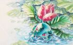 bright_pupils claws commentary_request flower highres ivysaur leaf looking_to_the_side masshu_(shu_123426) no_humans painting_(medium) pink_flower pokemon pokemon_(creature) red_eyes ripples solo standing traditional_media water watercolor_(medium) white_pupils 