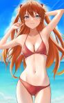  1girl absurdres arm_behind_head arms_up bangs beach bikini blue_sky blush breasts closed_mouth clouds cowboy_shot day hair_between_eyes hair_ornament highres huziko32 long_hair looking_at_viewer medium_breasts navel neon_genesis_evangelion ocean orange_hair outdoors red_bikini sky solo souryuu_asuka_langley stomach swimsuit two_side_up v-shaped_eyebrows wavy_mouth 