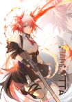  1girl animal_ears arknights artist_name bird_ears bird_girl bird_tail black_gloves black_skirt character_name collared_shirt fiammetta_(arknights) foot_out_of_frame gloves gun highres holding holding_gun holding_weapon leg_up looking_at_viewer necktie red_eyes red_necktie redhead shirt shirt_tucked_in short_hair skirt solo standing standing_on_one_leg tail tianye_toshi trigger_discipline weapon white_shirt 