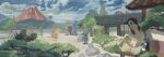  aomidori_iro architecture blue_sky brush_stroke commentary_request diglett east_asian_architecture faux_traditional_media fighting food highres hisuian_typhlosion holding mountainous_horizon no_humans oricorio oricorio_(sensu) outdoors pokemon pokemon_(creature) red_eyes riolu rock rooftop sawk scenery scraggy sky taillow throh tree volcano watching 