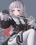  1girl arknights black_gloves black_jacket closed_mouth commentary_request feet_out_of_frame forehead gloves grey_background grey_hair hands_up highres holding irene_(arknights) jacket long_hair long_sleeves looking_at_viewer pantyhose puffy_long_sleeves puffy_sleeves red_eyes simple_background skirt sleeves_past_wrists solo thick_eyebrows very_long_hair white_legwear white_skirt ye_lan_a_ye_lan 