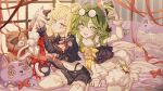  2girls animal animal_ears artist_request benghuai_xueyuan blonde_hair blush cat cat_ears cat_girl cat_tail elf full_body glasses green_eyes green_hair highres holding holding_animal honkai_(series) multiple_girls ninti_apokalypse official_art on_bed phone pointy_ears second-party_source seiza selfie sitting smile stuffed_animal stuffed_toy tail tongue tongue_out violet_eyes yssring_leavtruth 