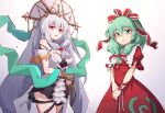 2girls absurdres arknights bangs bare_shoulders black_gloves bow character_request closed_mouth crossover dress gloves green_eyes green_hair grey_hair hair_bow hair_ornament highres ling_huanxiang long_hair looking_at_viewer multiple_girls off-shoulder_dress off_shoulder open_mouth red_dress red_eyes short_sleeves skadi_(arknights) skadi_the_corrupting_heart_(arknights) skadi_the_corrupting_heart_(sublimation)_(arknights) smile touhou white_dress