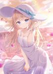  1girl blonde_hair blue_eyes breasts clouds cloudy_sky cowboy_shot dress eyebrows_visible_through_hair hand_up hat highres holding holding_clothes holding_dress liuliu looking_at_viewer medium_breasts ocean outdoors sky smile solo violet_eyes white_dress wristband 