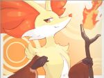  aberu_(ycrr3542) border brown_eyes closed_mouth commentary_request delphox fire furry hands_up holding holding_stick looking_at_viewer no_humans pokemon pokemon_(creature) smile solo stick white_border yellow_fur 