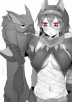  1girl absurdres animal_ears breasts breasts_apart fishnets greyscale hairband heart highres holding large_breasts long_hair looking_at_another monochrome monster_hunter_(character) monster_hunter_(series) nargacuga nargacuga_(armor) navel niwarhythm open_mouth red_eyes scarf simple_background spot_color stomach white_background 