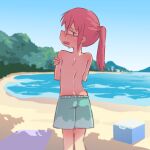  1girl aqua_shorts ass back bangs bare_shoulders beach blurry blush building butt_crack commentary cooler covering covering_breasts crossed_arms day depth_of_field feet_out_of_frame foliage glasses hair_between_eyes highres kobayashi-san_chi_no_maidragon kobayashi_(maidragon) long_hair male_swimwear male_swimwear_challenge mixed-language_commentary ocean open_mouth orange_peel_(artist) ponytail print_shorts profile redhead rimless_eyewear sand shorts sidelocks sideways_mouth skindentation sky solo standing swim_trunks towel wavy_mouth 