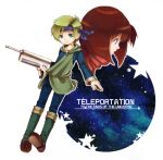  1boy 1girl aine_(hoshi_wo_miru_hito) blue_eyes boots brown_hair cloak energy_gun green_hair headband hinekuru holding holding_weapon hoshi_wo_miru_hito laser_rifle one_side_up romancing_stella_visor shiba_(hoshi_wo_miru_hito) short_hair weapon 