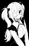  1girl absurdres ahoge bangs blunt_bangs blush bow chest_harness cleavage_cutout clothing_cutout dress ear_piercing eyebrows_visible_through_hair eyepatch frilled_shirt_collar frills greyscale hair_bow hair_intakes harness high_collar highres long_hair looking_at_viewer medical_eyepatch mntimccz monochrome o-ring original piercing pinafore_dress sketch solo twintails v_arms 