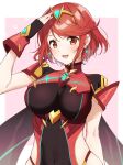  1girl bangs black_gloves breasts chest_jewel earrings fingerless_gloves gem gloves headpiece highres jewelry large_breasts pyra_(xenoblade) red_eyes redhead sephikowa short_hair solo swept_bangs tiara xenoblade_chronicles_(series) xenoblade_chronicles_2 