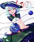  1girl :d absurdres black_headwear blue_flower blue_rose blush eyebrows_visible_through_hair floral_print flower frilled_shirt_collar frilled_sleeves frills green_eyes green_hair green_skirt hair_between_eyes hat hat_ribbon heart heart_of_string highres holding koishi_day komeiji_koishi long_sleeves looking_at_viewer open_mouth red_flower red_rose ribbon rose shirt short_hair skirt smile solo third_eye touhou white_background wide_sleeves yellow_shirt you_(noanoamoemoe) 