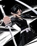  1girl belt black_eyes black_hair black_kimono bleach breasts cofffee hair_between_eyes holding holding_sword holding_weapon incoming_attack japanese_clothes katana kimono kuchiki_rukia looking_at_viewer motion_lines short_hair small_breasts solo standing sword weapon white_belt wide_sleeves 