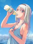  1girl absurdres bangs bare_arms black_hairband blue_eyes blue_shirt blue_sky blurry blurry_background bottle collarbone day drinking eyebrows_visible_through_hair francoise0516 hair_between_eyes hairband highres holding holding_bottle kaguya-sama_wa_kokurasetai_~tensai-tachi_no_renai_zunousen~ lens_flare long_hair looking_at_viewer outdoors shiny shiny_hair shirogane_kei shirt sky sleeveless sleeveless_shirt solo summer sweatdrop upper_body white_hair 