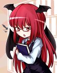  1girl :o artist_request bat_wings bespectacled black_skirt black_vest book book_hug bookshelf chibi collared_shirt commentary_request cowboy_shot crescent dot_nose dress_shirt glasses hair_between_eyes head_wings highres holding holding_book knife koakuma long_hair long_sleeves looking_at_viewer looking_to_the_side necktie object_hug red-framed_eyewear red_eyes red_necktie redhead semi-rimless_eyewear shirt sidelocks skirt skirt_set solo touhou v-shaped_eyebrows very_long_hair vest white_shirt wings 