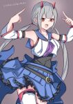  1girl :d arms_up assault_lily bangs bare_shoulders belt black_belt black_shirt blue_sailor_collar blue_skirt blunt_bangs collarbone commentary cowboy_shot crop_top detached_sleeves eyebrows_visible_through_hair fangs frilled_skirt frills fujita_asagao grey_background grey_hair highres horns houji_tea_latte layered_sleeves long_hair long_sleeves looking_at_viewer low_twintails mechanical_horns miniskirt multiple_belts neckerchief open_mouth pleated_skirt pointing pointing_at_self purple_neckerchief red_eyes red_horns sailor_collar school_uniform serafuku shirt simple_background skirt sleeveless sleeveless_shirt smile solo standing thigh-highs translated twintails undershirt v-shaped_eyebrows very_long_hair waist_cape white_legwear white_shirt wide_sleeves zettai_ryouiki 