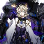  1boy absurdres albedo_(genshin_impact) black_cloud blonde_hair blue_eyes cape genshin_impact gloves highres long_sleeves looking_at_viewer magic male_focus multicolored_clothes pants ponytail shirt short_ponytail smile solo tree white_background wumeng 