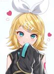  1girl absurdres artist_name blonde_hair blue_eyes bow detached_sleeves fang hair_bow hair_ornament hairclip headset heart highres itogari kagamine_rin long_sleeves looking_at_viewer sailor_collar simple_background sleeves_past_wrists smile solo white_background white_bow 