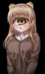  1girl :3 absurdres bangs blush brown_hair collared_shirt cyclops double_bun eyebrows_visible_through_hair fang hair_over_shoulder highres long_hair looking_at_viewer mntimccz monster_girl one-eyed open_mouth original scrunchie shirt smile solo sweater yellow_eyes 