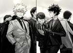  6+boys absurdres bakugou_katsuki boku_no_hero_academia collared_shirt commentary_request faceless faceless_male formal freckles gloves green_eyes greyscale hand_on_own_chest hands_in_pockets highres holding holding_clothes holding_jacket jacket jacket_on_shoulders korean_commentary long_sleeves looking_at_another looking_at_viewer male_focus midoriya_izuku monochrome multiple_boys necktie open_mouth pants red_eyes shirt short_hair spiky_hair spot_color standing suit suit_jacket vvv_hrac walking 