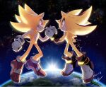  2boys earth_(planet) eye_contact floating gareki_sh gloves glowing glowing_eyes grin holding_hands looking_at_another multiple_boys planet red_eyes shadow_the_hedgehog shoes smile sneakers sonic_(series) sonic_adventure_2 sonic_the_hedgehog space sun sunlight super_shadow super_sonic white_gloves 