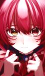  1girl ascot bangs blurry blurry_foreground blush brown_eyes commentary_request eyebrows_behind_hair heterochromia highres holding holding_hair hololive houshou_marine medium_hair mochida_(bisuke_f) nervous portrait red_ascot red_eyes redhead solo virtual_youtuber 